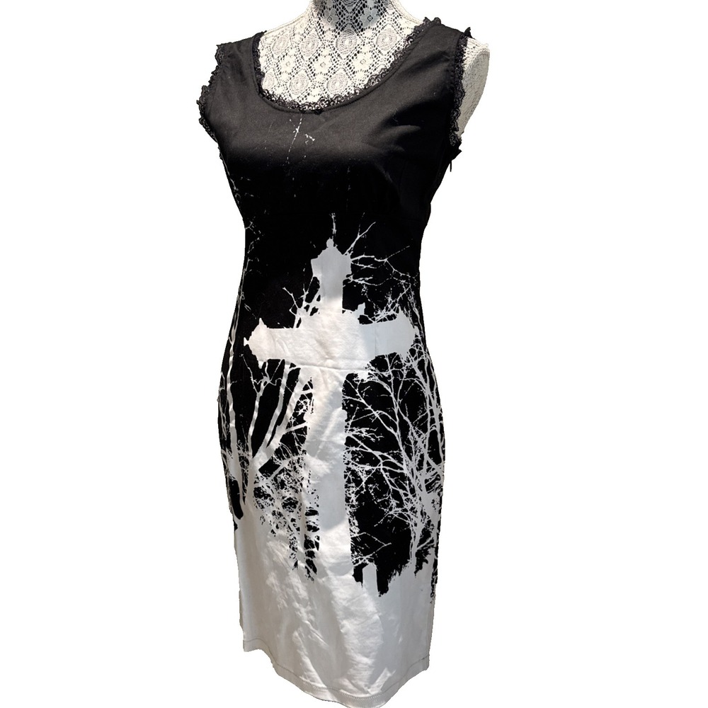 Gothic cross, dress short black & white, cotton sleeveless biker cemetery medium